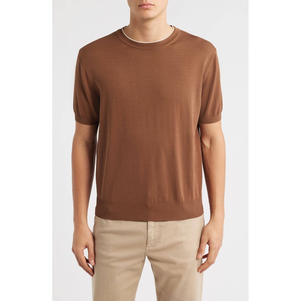 Canali Short Sleeve Cotton Crewneck Knit Sweater Size Italy 52 US 42 Large Brown